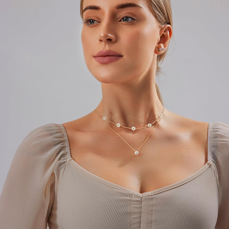Zeffy Gold Pearl Necklace for Women, Dainty 14K Gold/Silve Plated Layered Pearl Choker Pearl Earrings Pearl Bracelets Wedding Trendy Gold Jewelry Set for Women Gifts - Image 4
